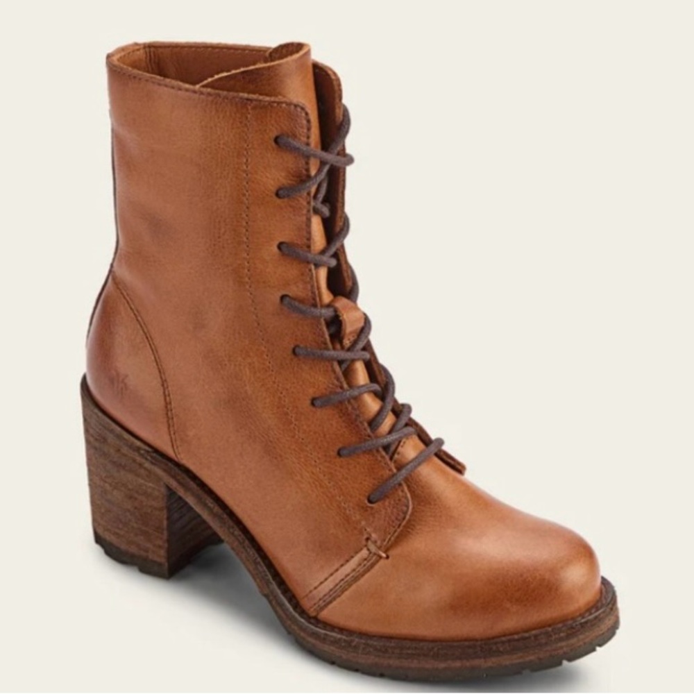 Frye leather caramel color lace up boots.